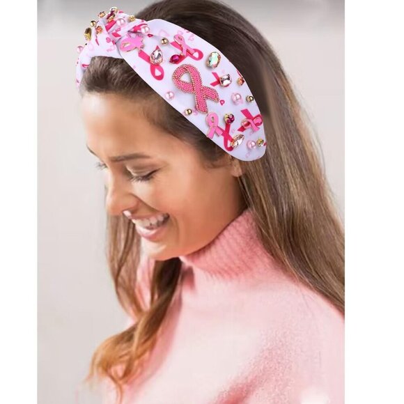 Pink Ribbon Headband for Women Breast Cancer Awareness Wide Top Knot Crystal main image 4